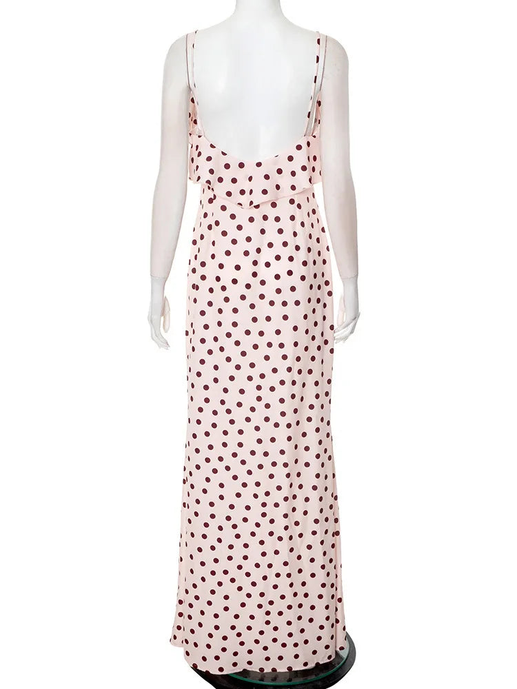 Rose Polka Dot Ruffle Strappy Maxi Dress