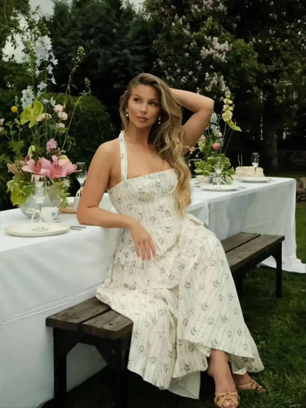 Halter A-line Midi Buttoned Dress