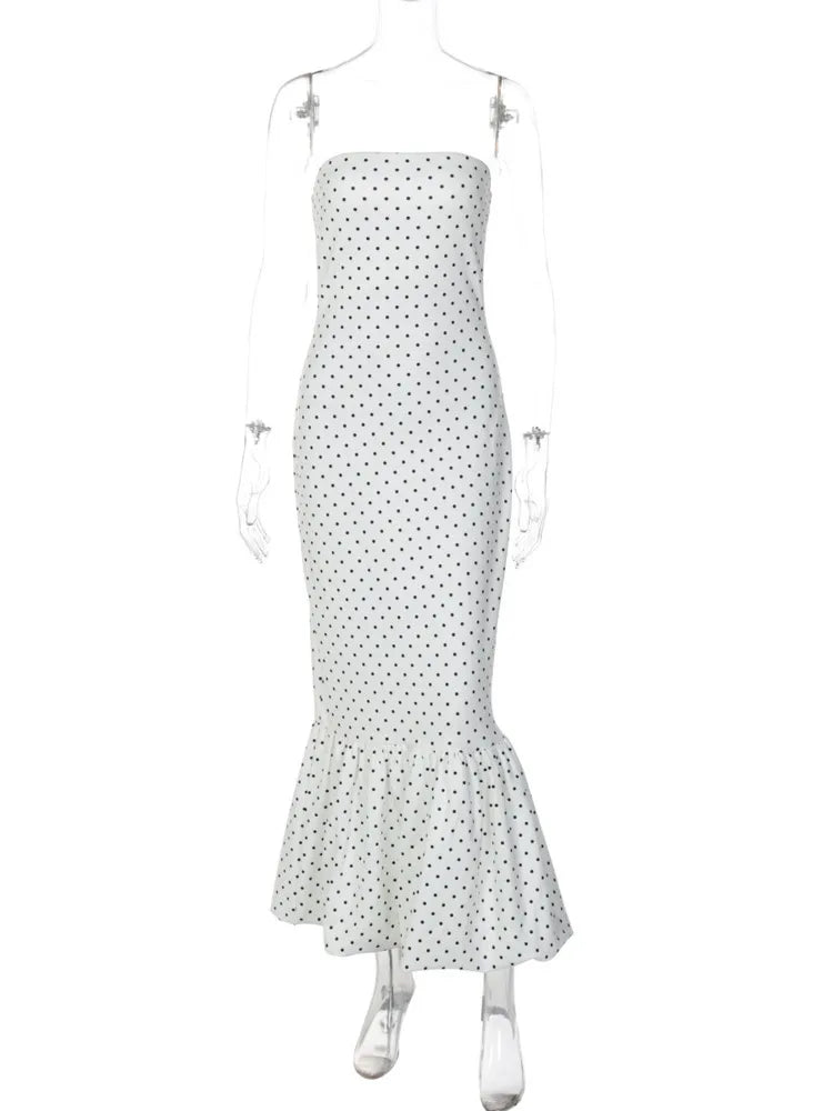 Polka Dot Strapless Tiered Hem Midi Dress