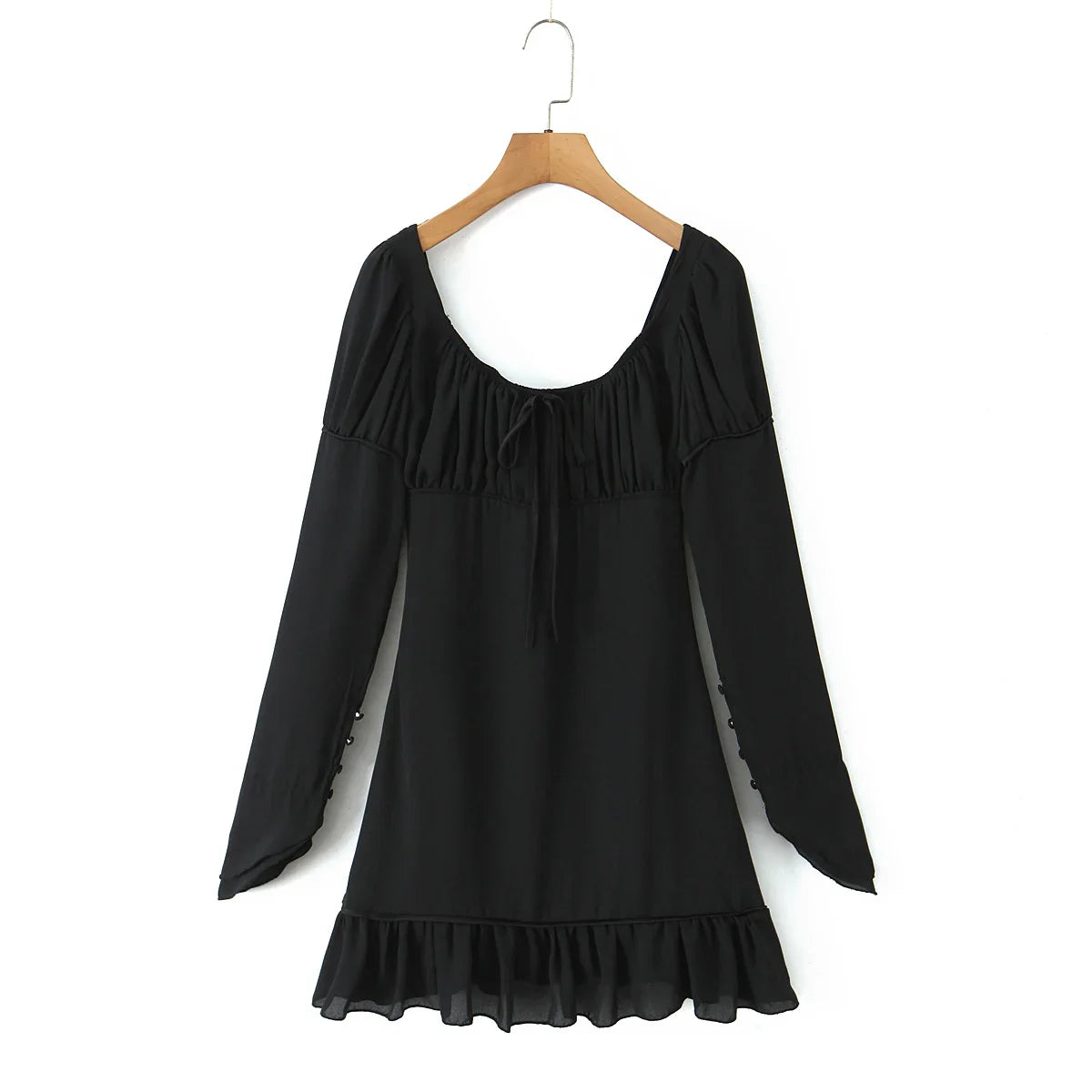 Long Sleeve Square Neck Ruched Bust Mini Dress