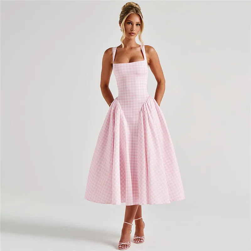 Plaid Printed Corset A-line Maxi Dress