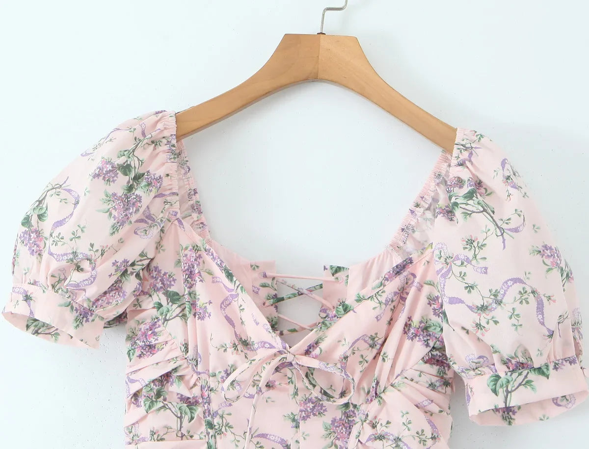 Pink Puff Sleeve Floral Print Midi Dress