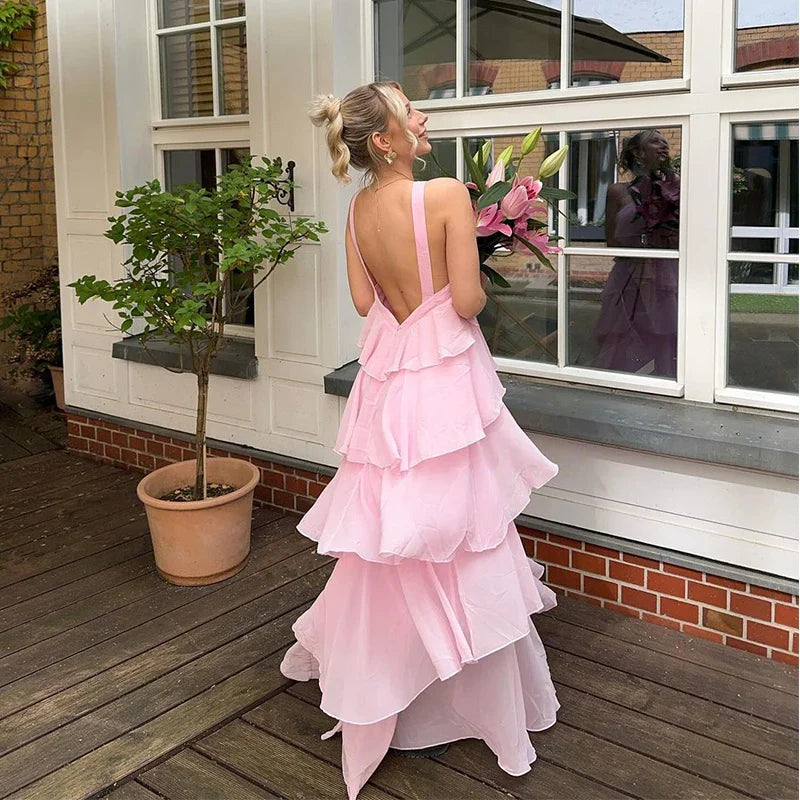 Pink Pleated Halter Maxi Dress