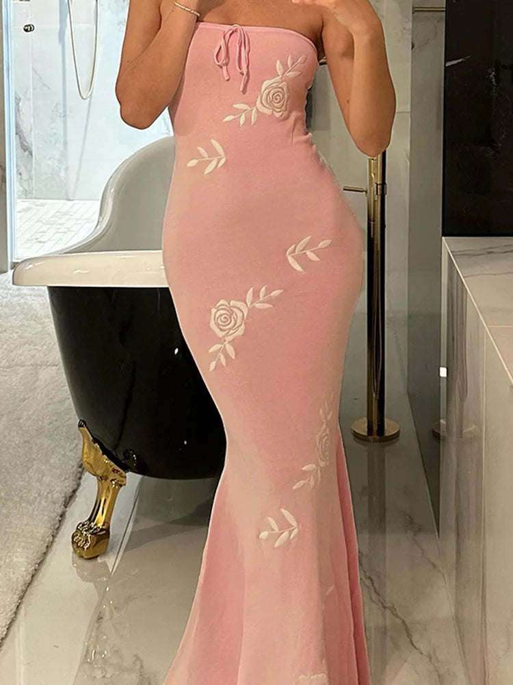 Pink Rose Embroidery Strapless Maxi Dress