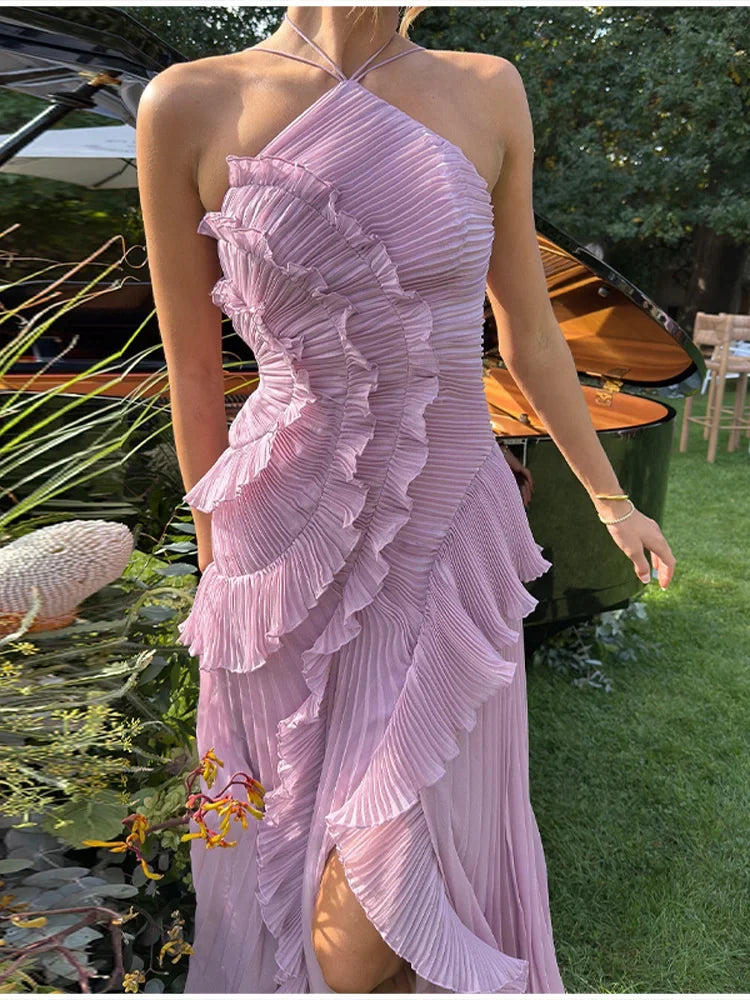 Ruffles Tiered Halter Strap Midi Dress - Casual Slim Fit