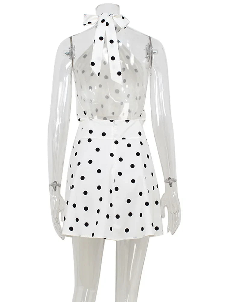 White Polka Dot Halter Open Back Mini Dress