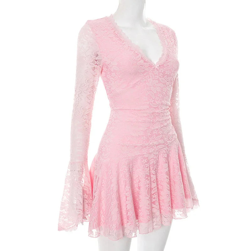 Lace Flare Long Sleeve Flare Mini Dress