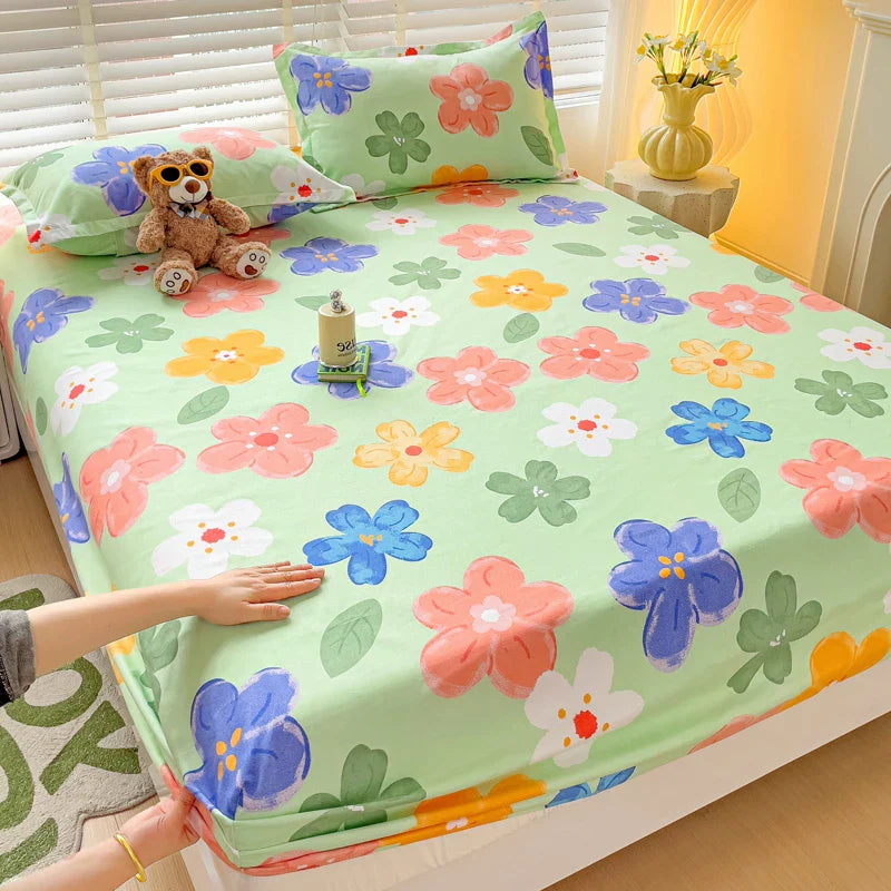 Purple Flower Bed Sheets Single/Queen/King Size Fitted Bed Sheet with Elastic Band drap de lit High Quality Mattress Cover 180