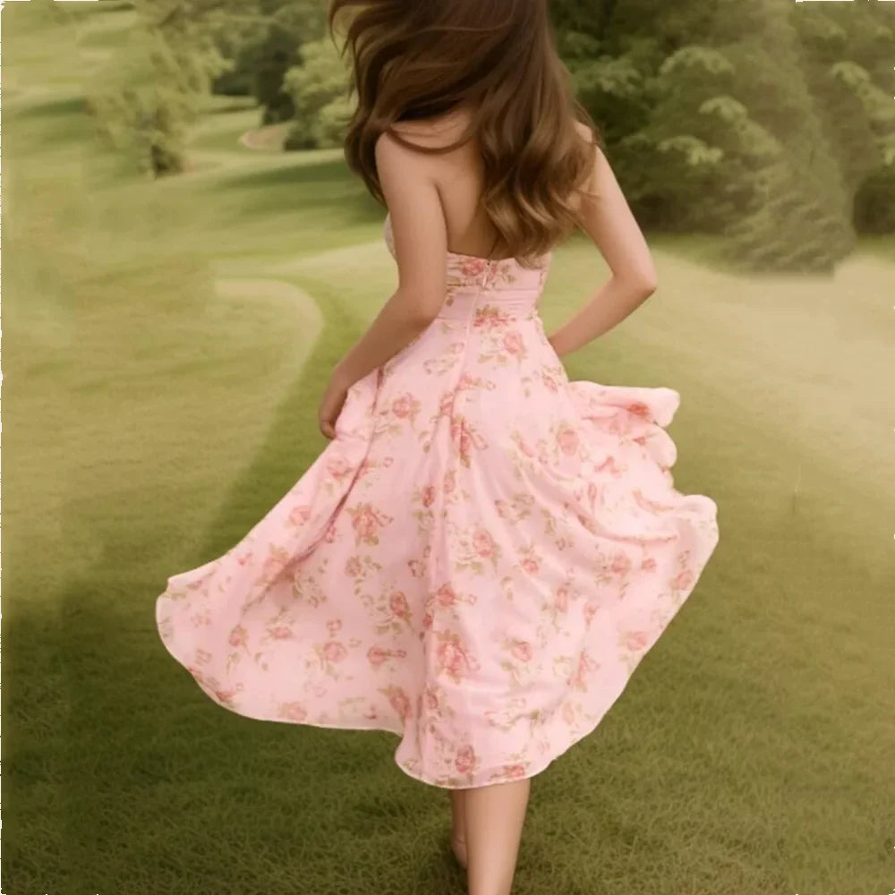 Pink Flower Print Halter Midi Dress