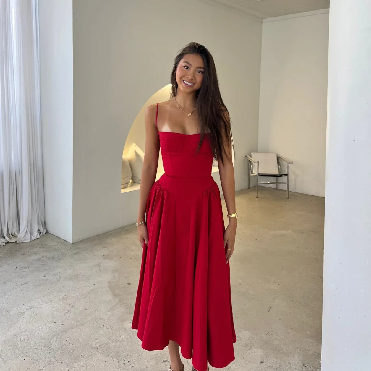 Solid Spaghetti Strap Bustier Pleated Midi Dress