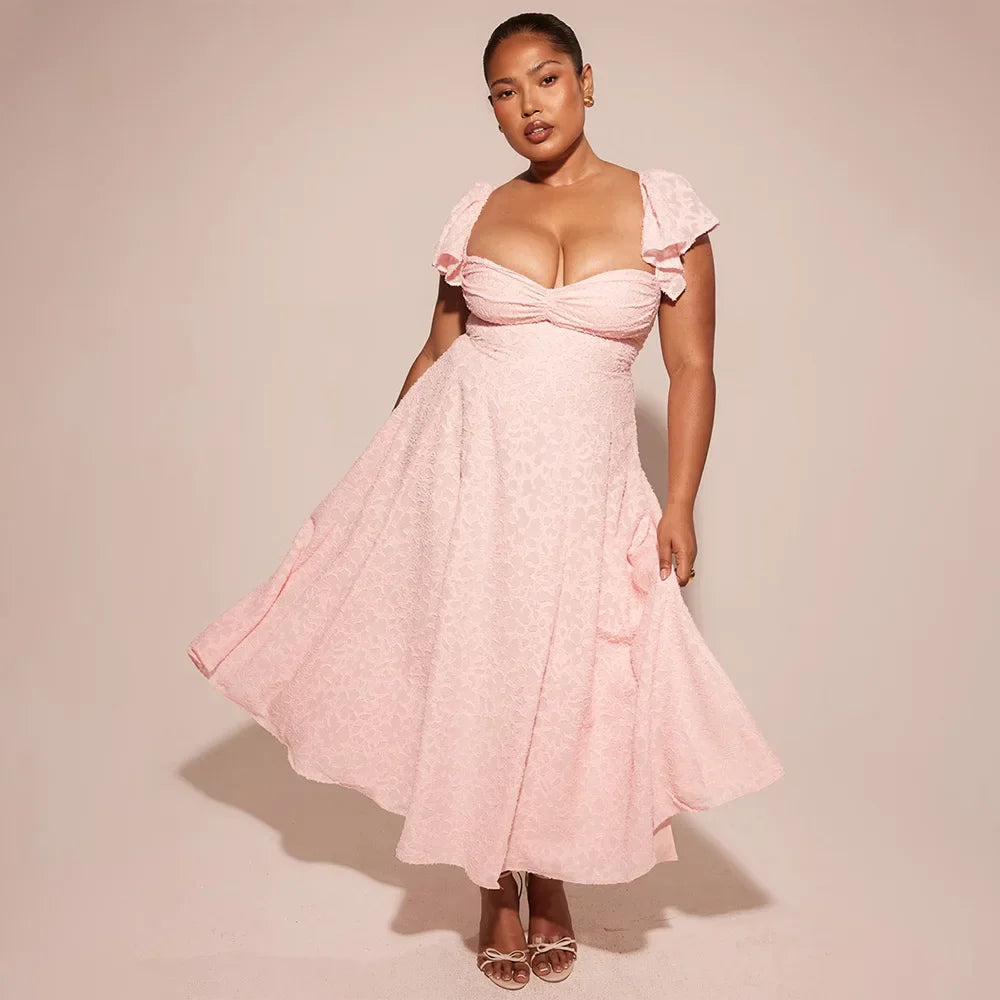 Pink Short Puff Sleeves Jacquard Print Maxi Dress