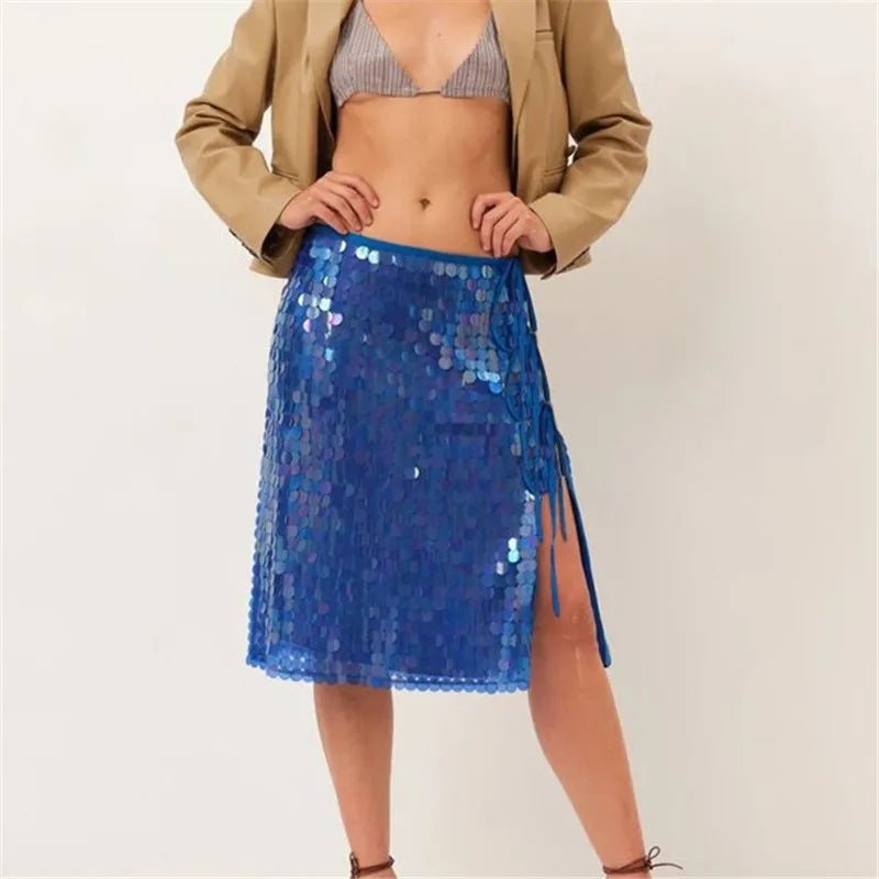Radiant Sequin Side Split Midi Skirt - Shimmering High-Slit Design