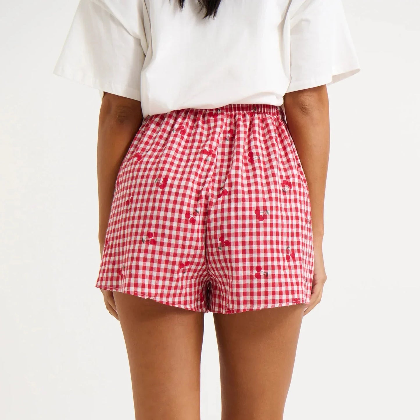 Red Plaid Cherry Print High-Waist Shorts - Summer Vibe