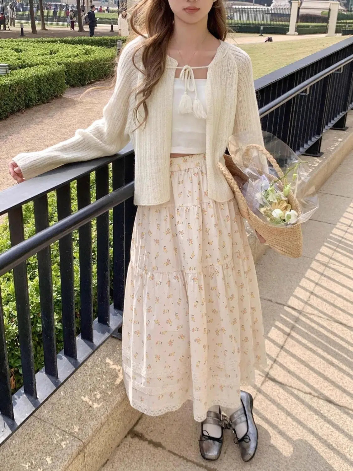White Floral Midi Skirt - Casual A-Line