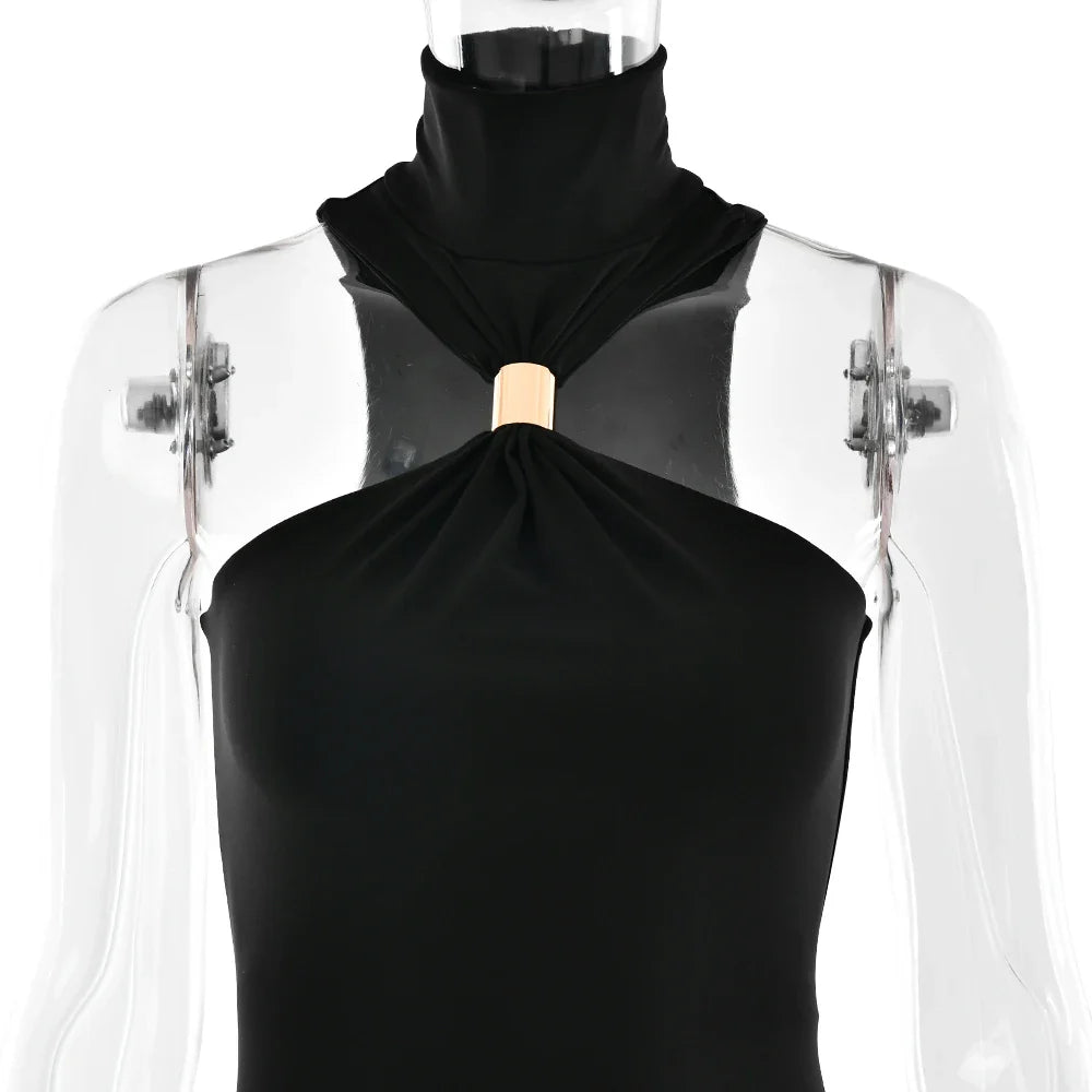 Halter Gold Turtleneck Maxi Dress