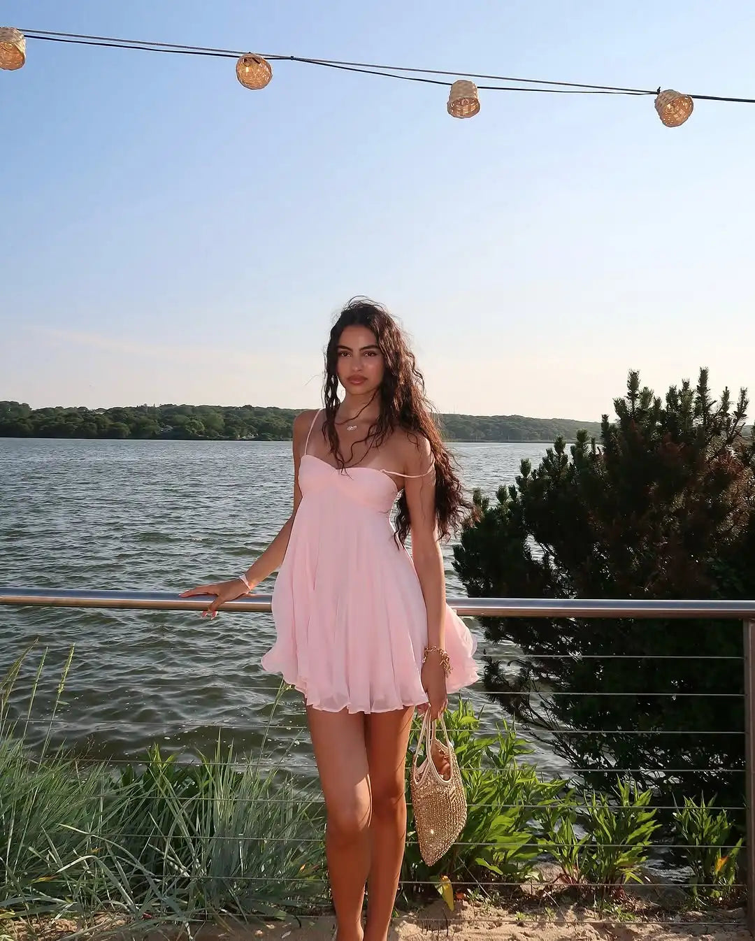 Pink Chiffon Ruffles Sling Mini Dress