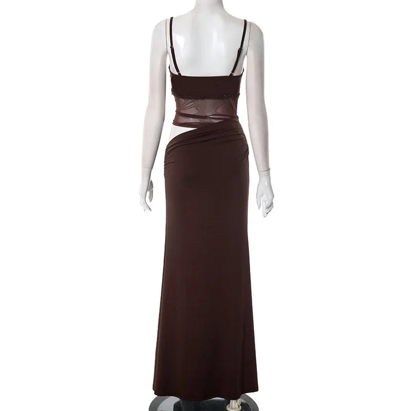 Brown Spaghetti Strap Mesh Patchwork Maxi Dress