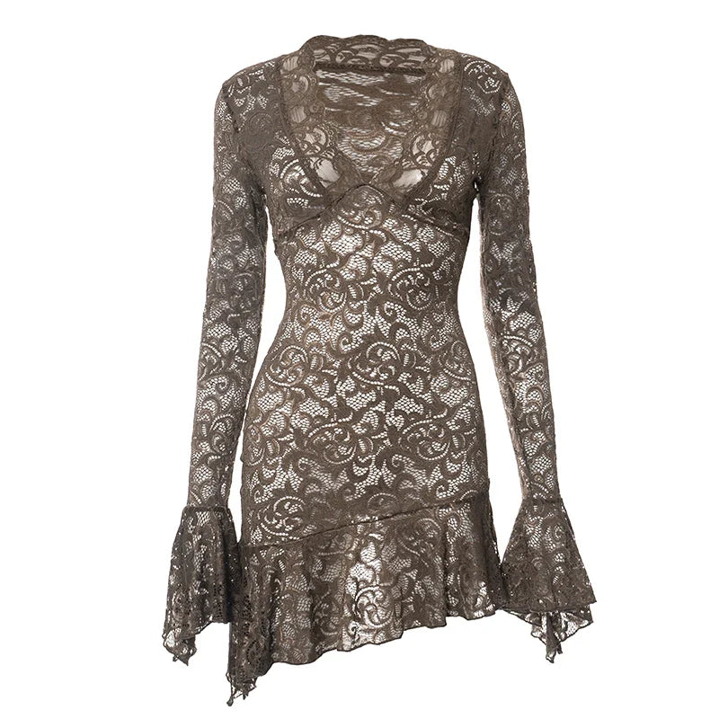 Lace Ruffles Long Sleeve Mini Dress