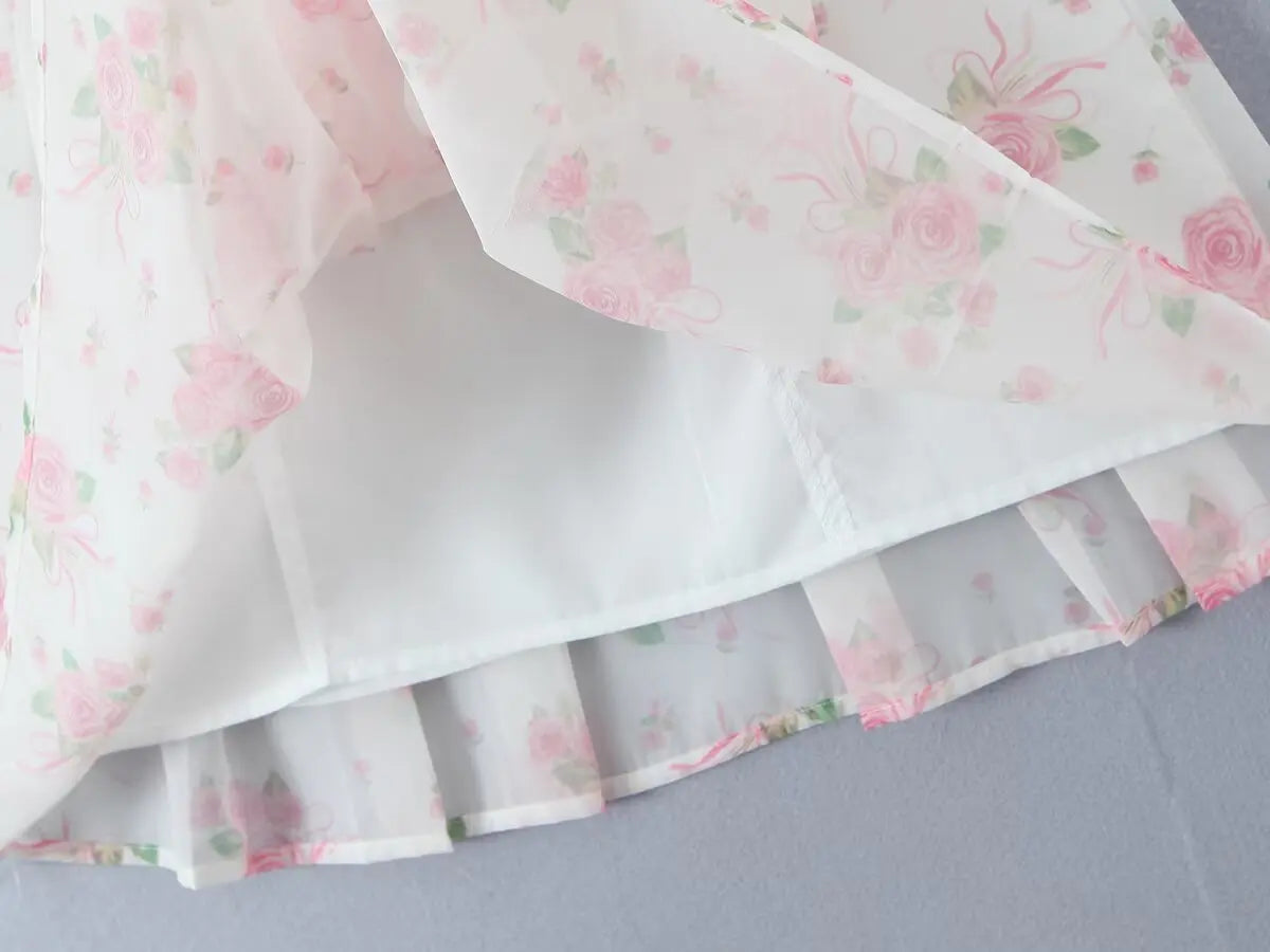 Pink Floral Bow Mesh Cami Mini Dress