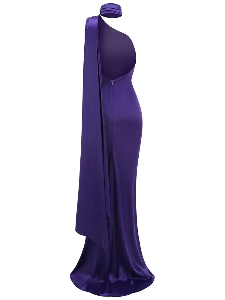 Purple Halter Neck 3D Flower Design Backless Long Dress