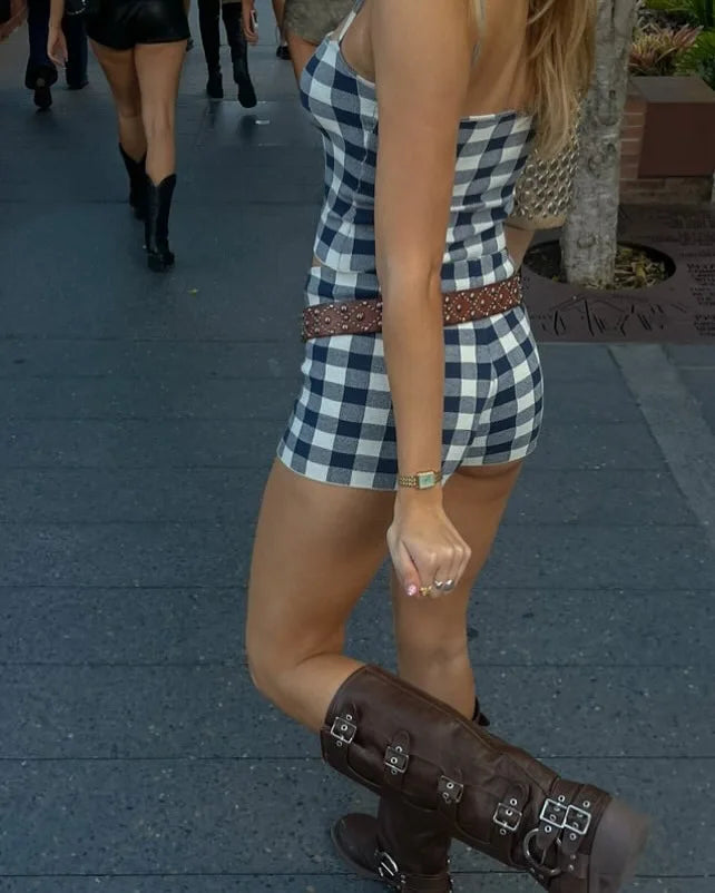 Black Checkered Cami Top And Shorts Set