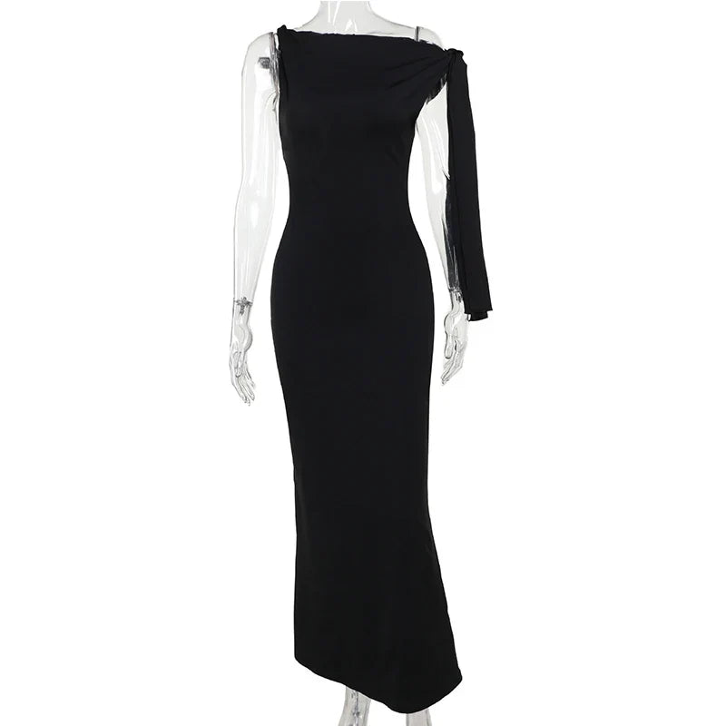 One Shoulder Tie-Up Long Dress - Fit & Flare Knit