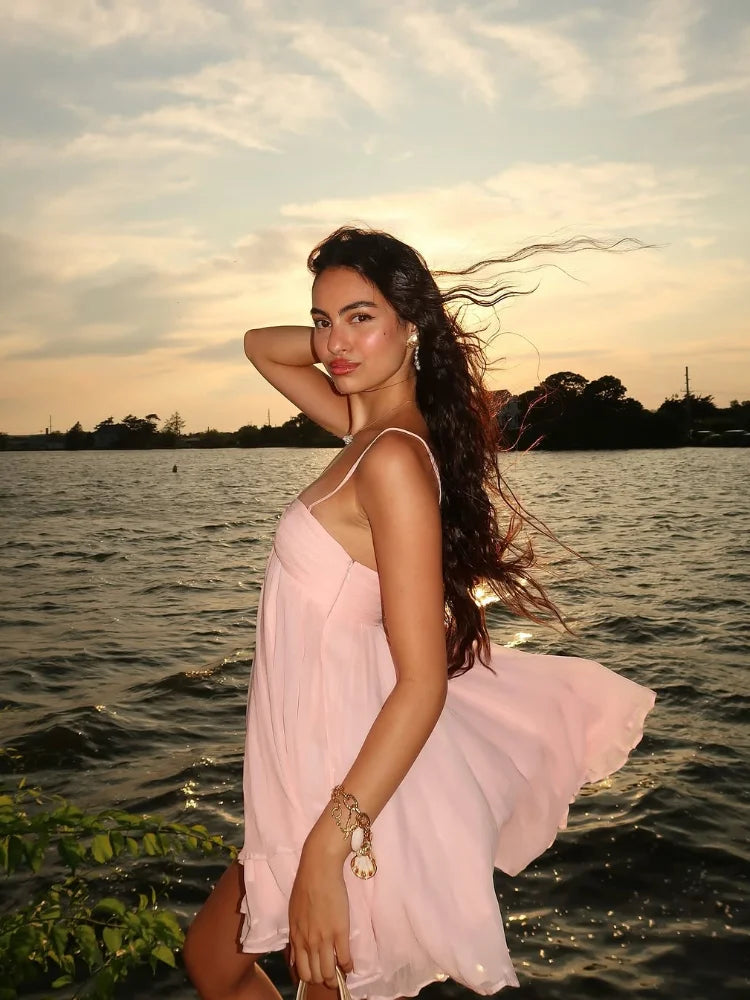 Pink Chiffon Ruffles Sling Mini Dress