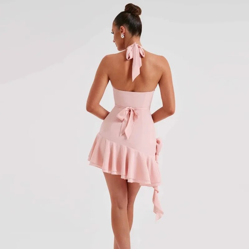 Floral Applique Ruffle Deep Neck Halter Mini Dress