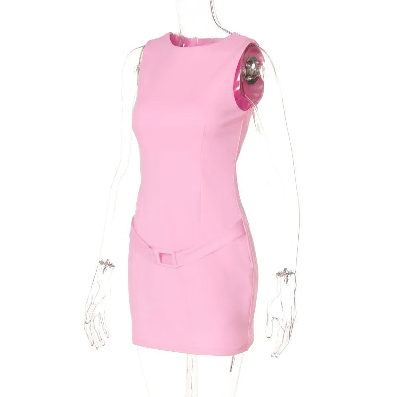 Solid Sleeveless Buckle Mini Dress