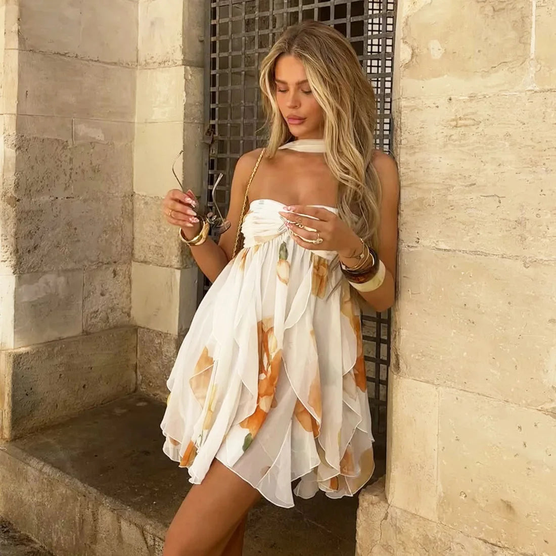 Frill Halter Around Neck Strapless Mini Dress