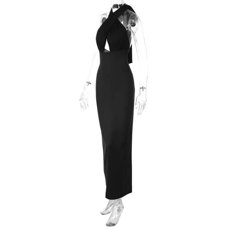 Halter Criss Cross Tie Up Black Satin Maxi Dress