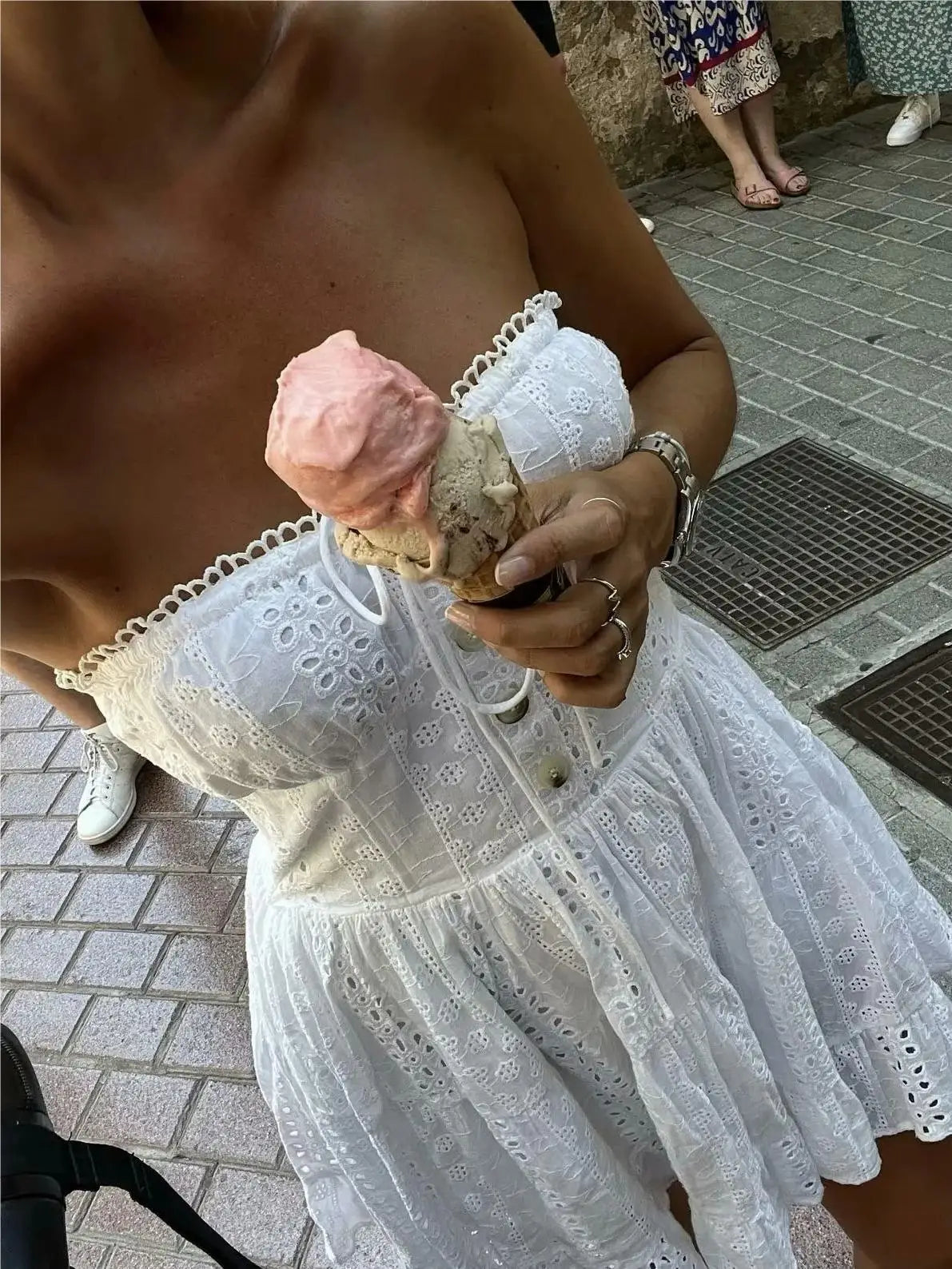 White Embroidered Strapless Mini Dress