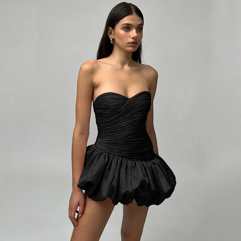 Satin Ruched Puff Mini Dress