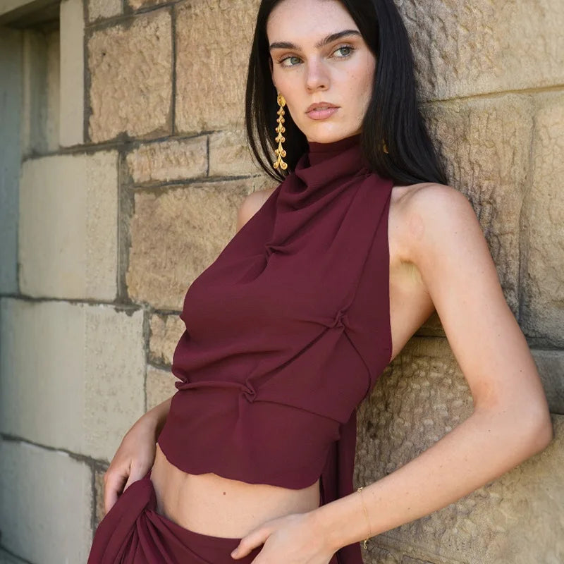 Halter Pinched Ruched Open Back Top