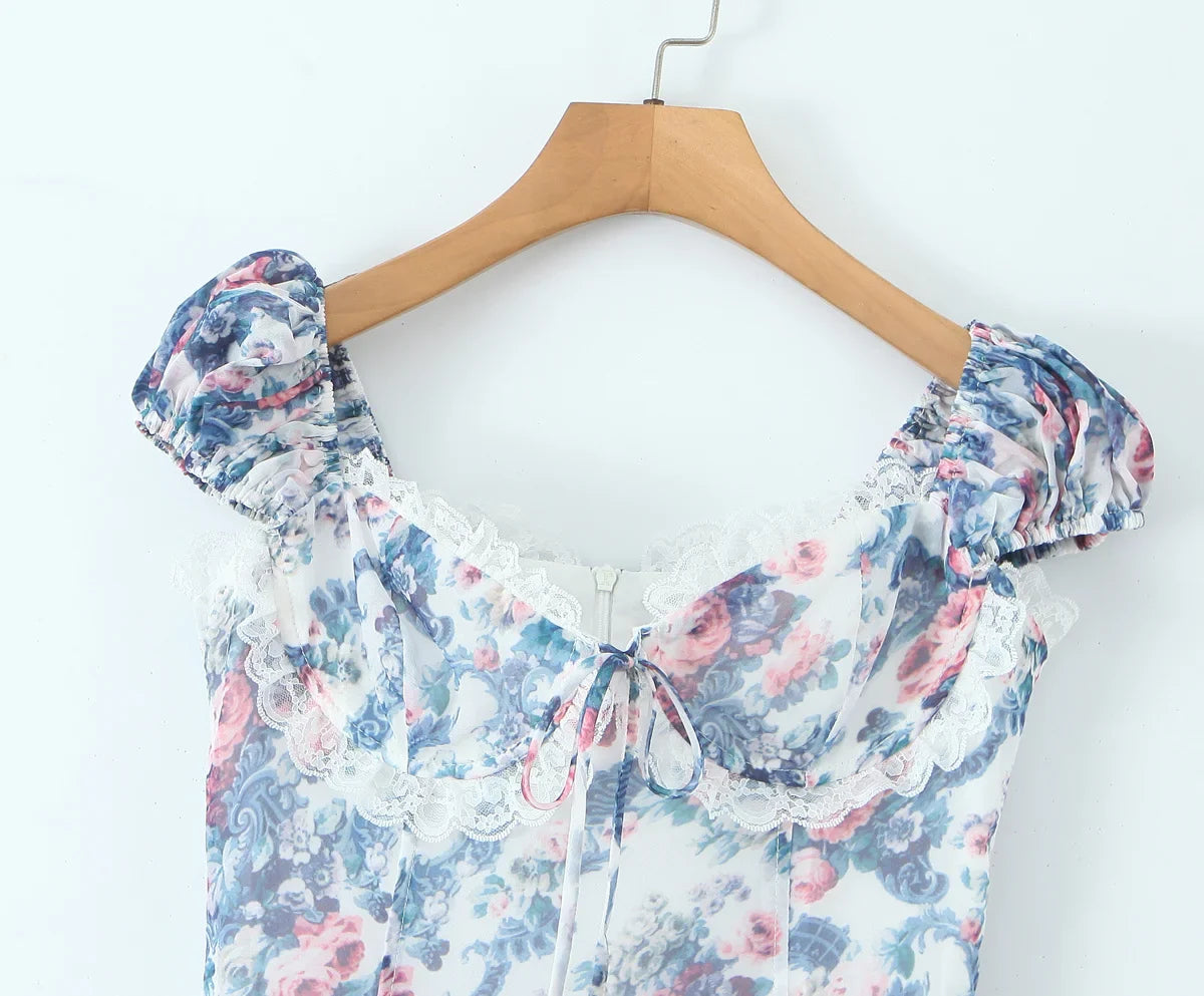 Blue Printed Short Sleeve Bustier Mini Dress