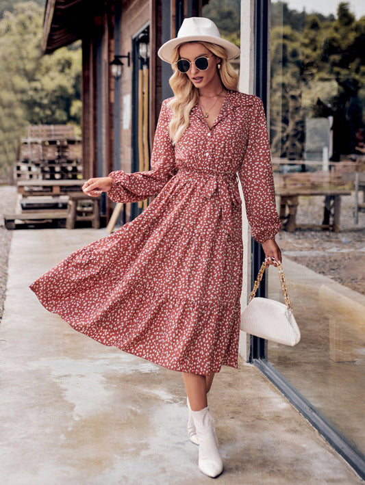 Printed Tie-Waist Long-Sleeved Shirt Dress