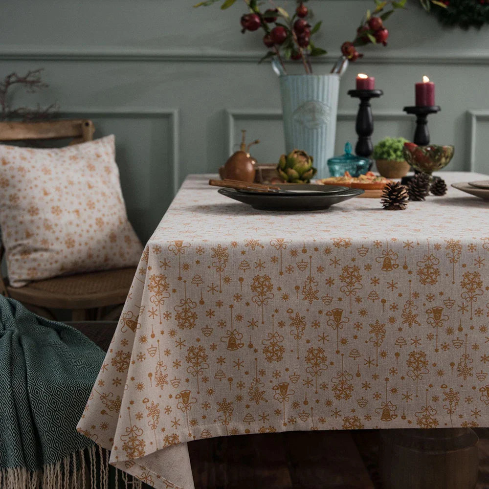 Linen Cotton Christmas Party Tablecloth Japanese Green Bronzing Wind Chimes Rectangle Dinning Table Cover for Home Decorative