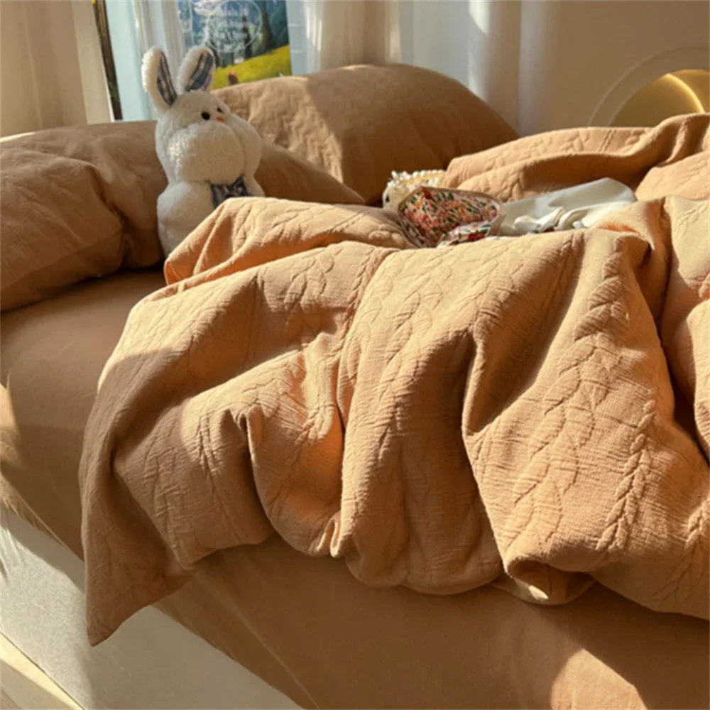 Knitted Washed Cotton Bed Four Piece Set with Ins Style Simple and High-end Feeling, Bed Sheet Duvet Set Three Piece Set