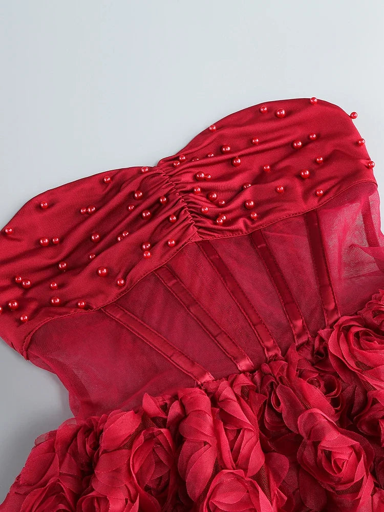 Red Mesh 3d Floral Frill Beaded Strapless Mini Dress