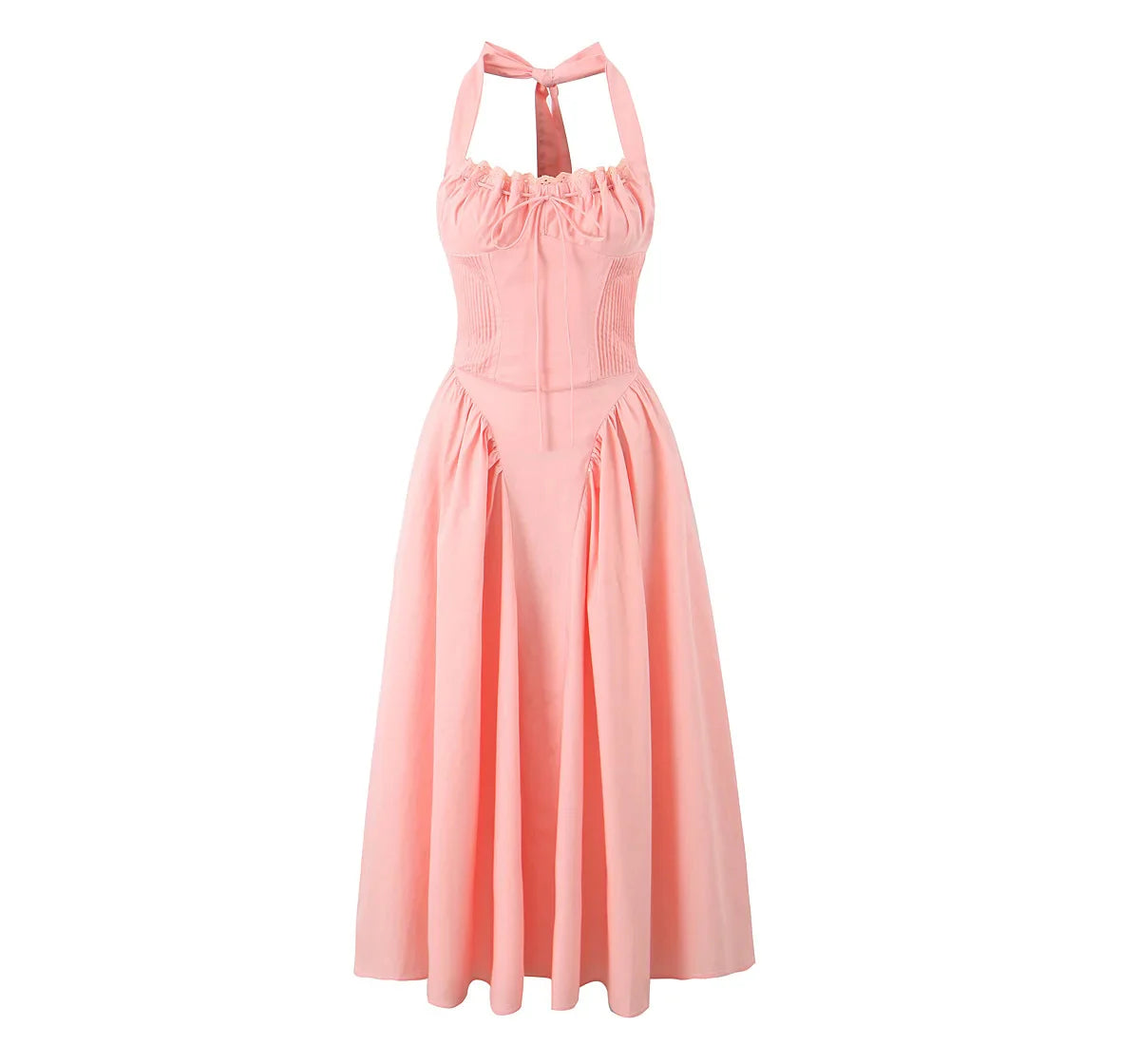 Pink Halter Drawstring Midi Dress