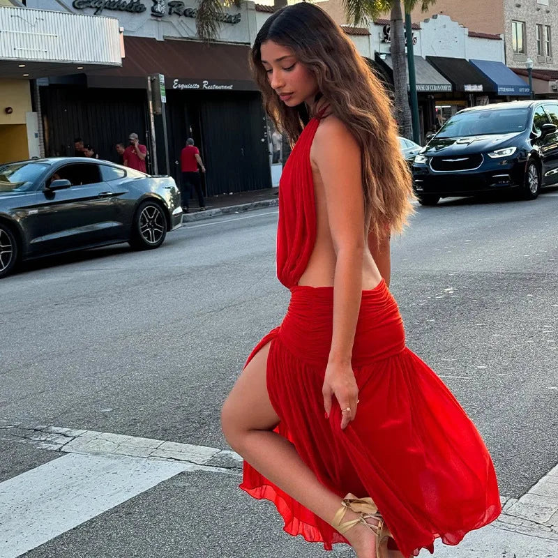 Deep Open Back Sheer Halter Maxi Dress