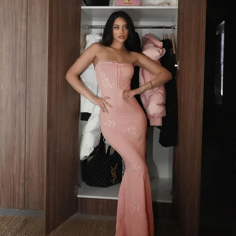 Pink Rose Embroidery Strapless Maxi Dress
