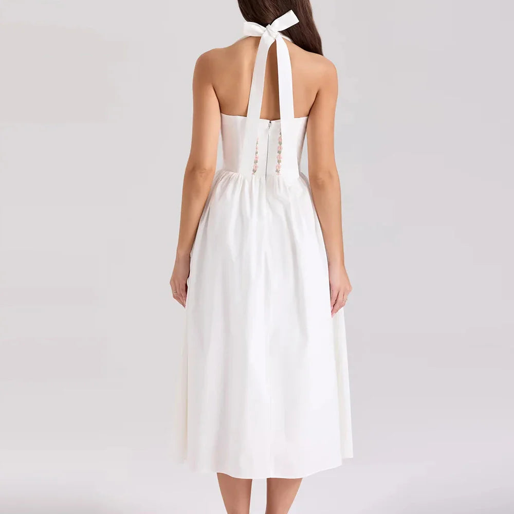 Green Embroidered Halter Midi Dress - A-Line Fit
