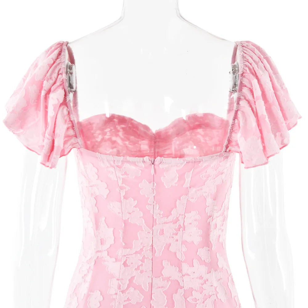 Pink Short Puff Sleeves Jacquard Print Maxi Dress