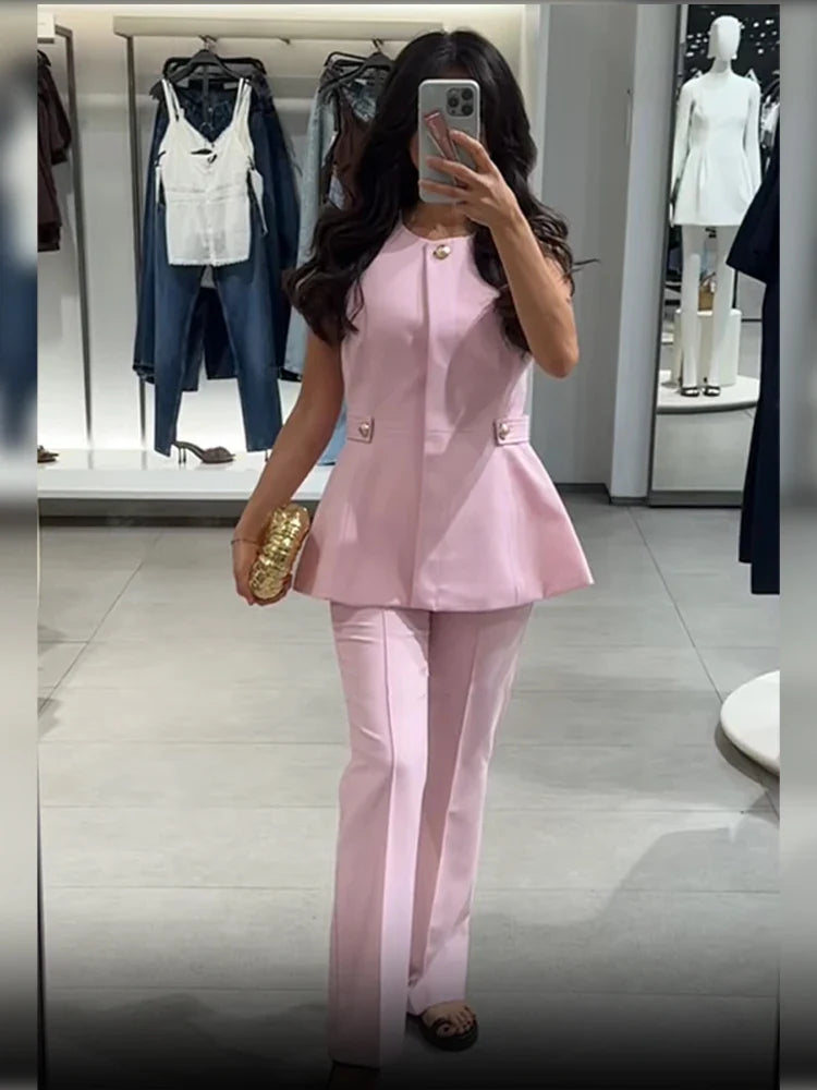 Pink High Neck Vest And Pants Set