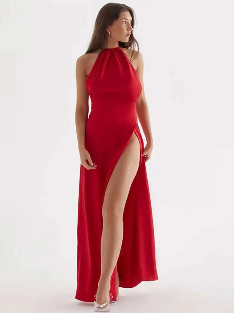Satin High Split Open Back Maxi Dress