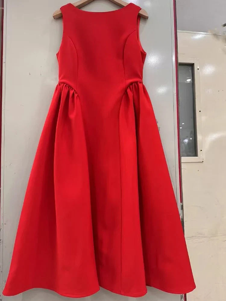 Solid Round Neck Waist A-line Sleeveless Midi Dress