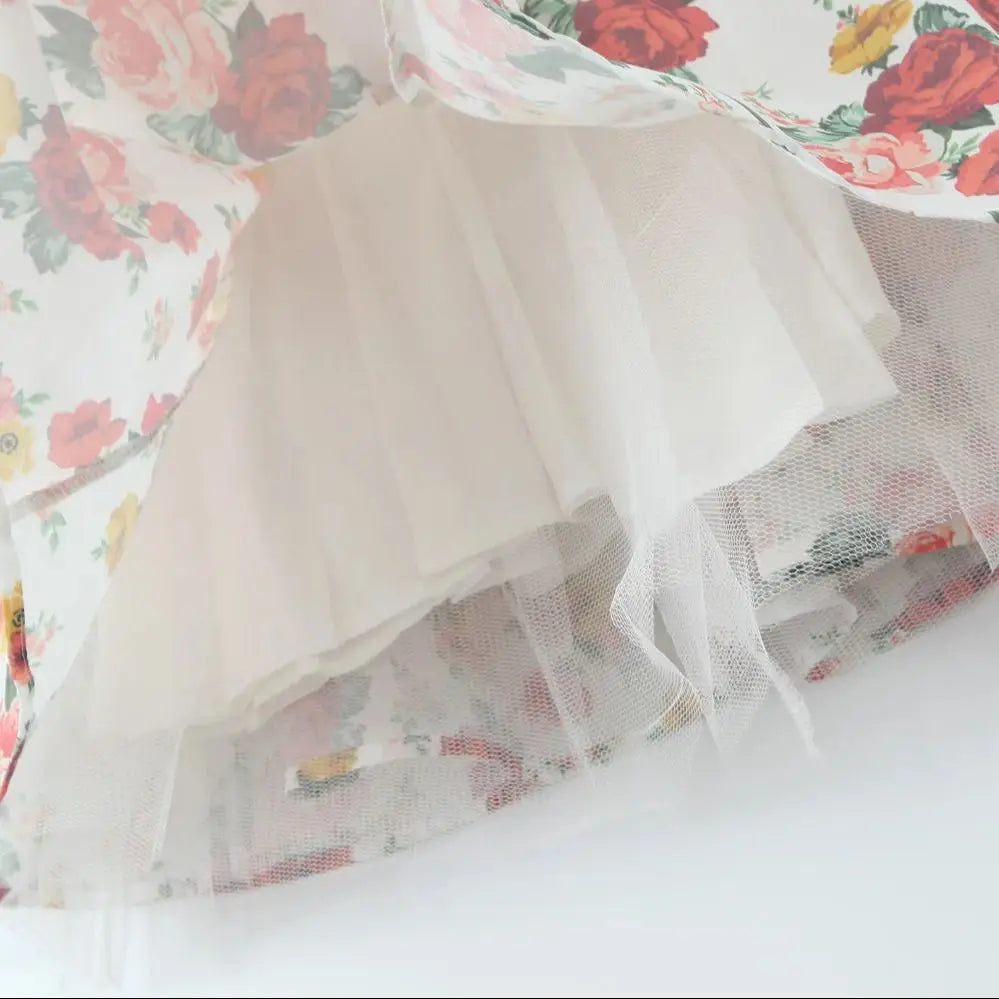 White Floral Print Tulle Mini Dress