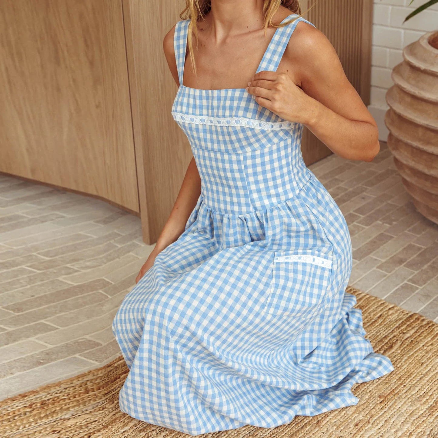Gingham Strap Pocket Midi Dress