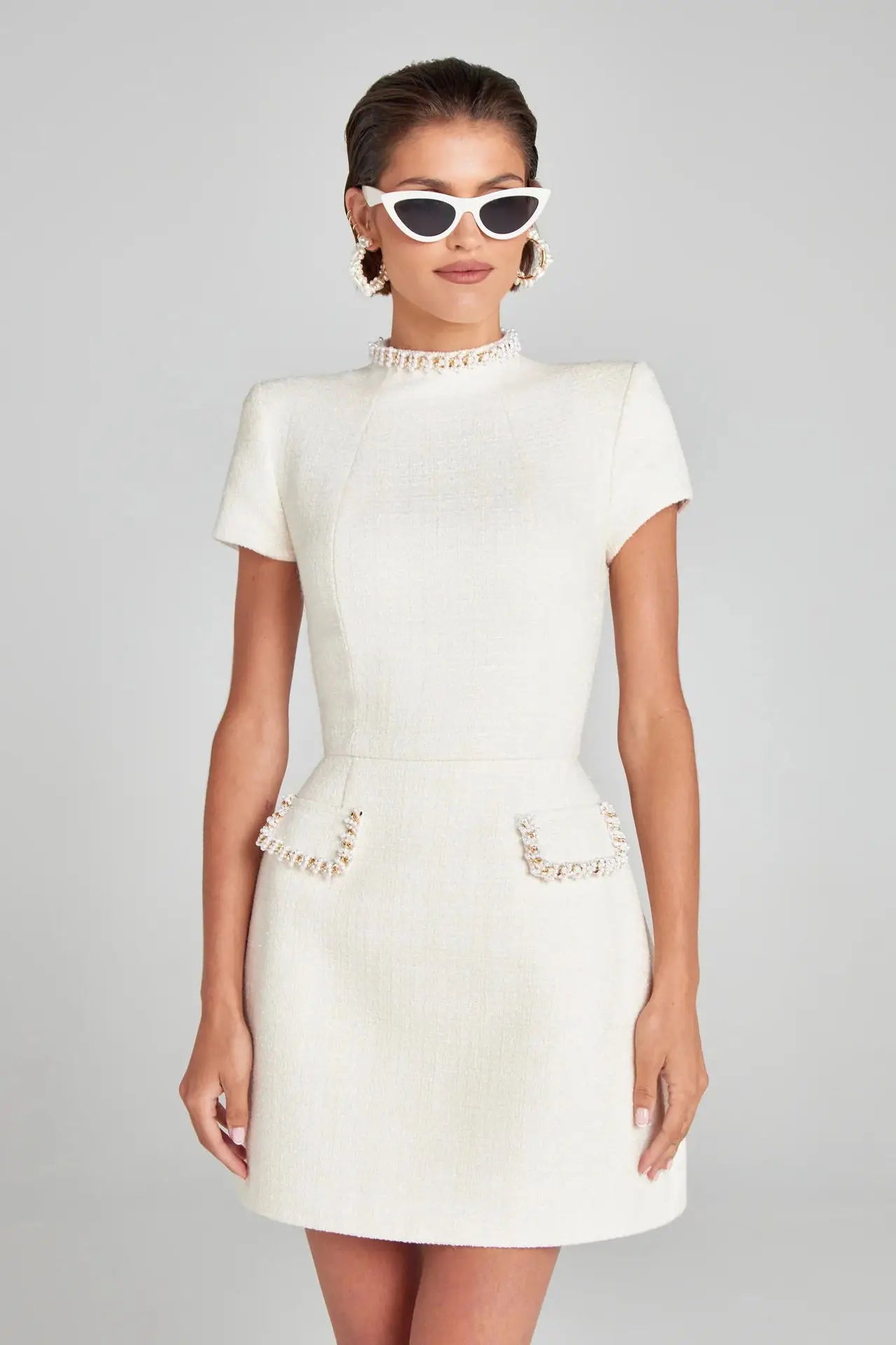 Tweed Solid Beaded Seam Mini Dress